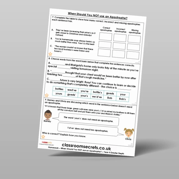 An image of the When Should You NOT use an Apostrophe? Homework Resource