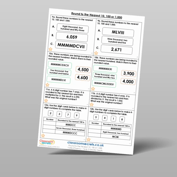 An image of the Round to the Nearest 10, 100 or 1,000 Varied Fluency Resource