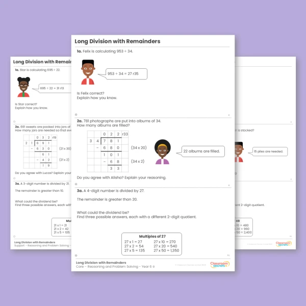 Year 6 Long Division with Remainders Addition, Subtraction, Multiplication and Division Reasoning and Problem Solving