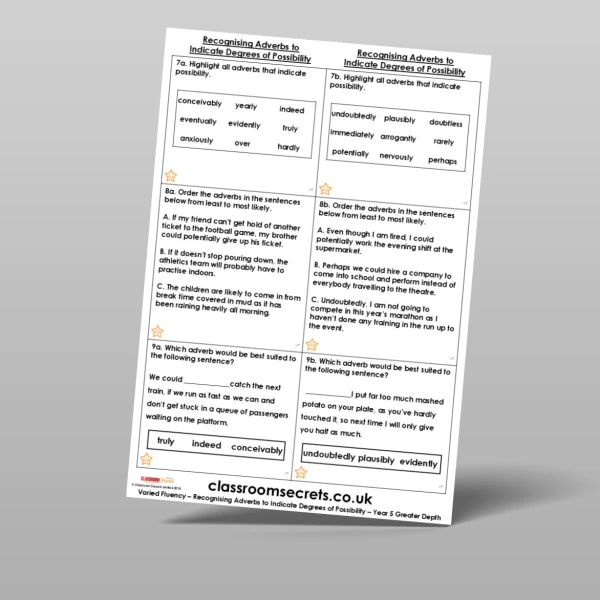 An image of the Recognising Adverbs to Indicate Degrees of Possibility Varied Fluency Resource