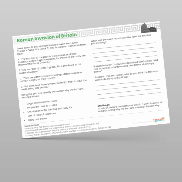 An image of the Lesson 2: How and Why Did the Romans Invade Britain? Worksheet Resource