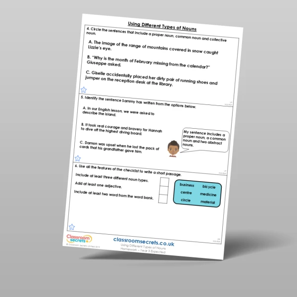An image of the Using Different Types of Nouns Homework Resource