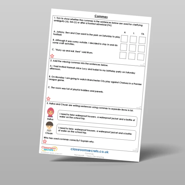 An image of the Commas Homework Resource
