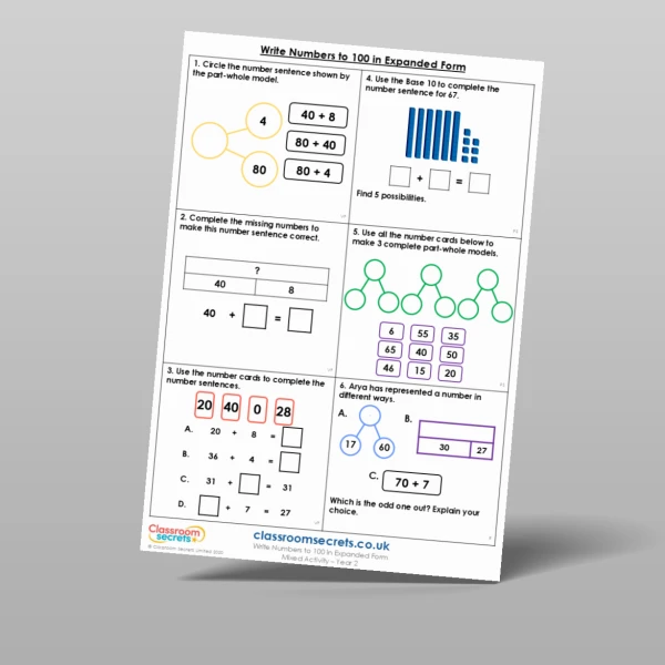 An image of the Write Numbers to 100 in Expanded Form Mixed Activity Resource
