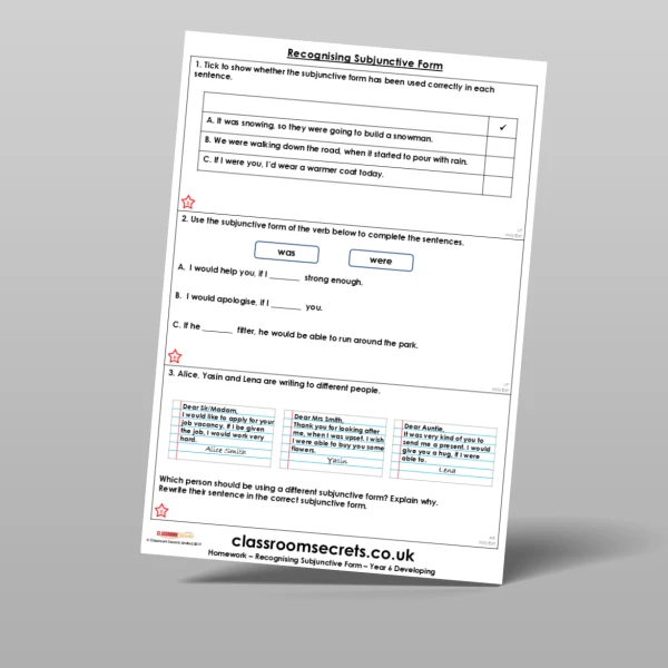 An image of the Recognising Subjunctive Form Homework Resource