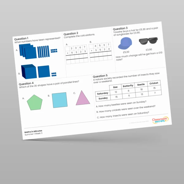 An image of the Summer 1 Week 3 Maths in Minutes Resource