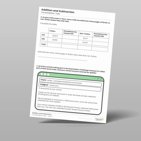 An image of the Addition and Subtraction Consolidation Task Resource