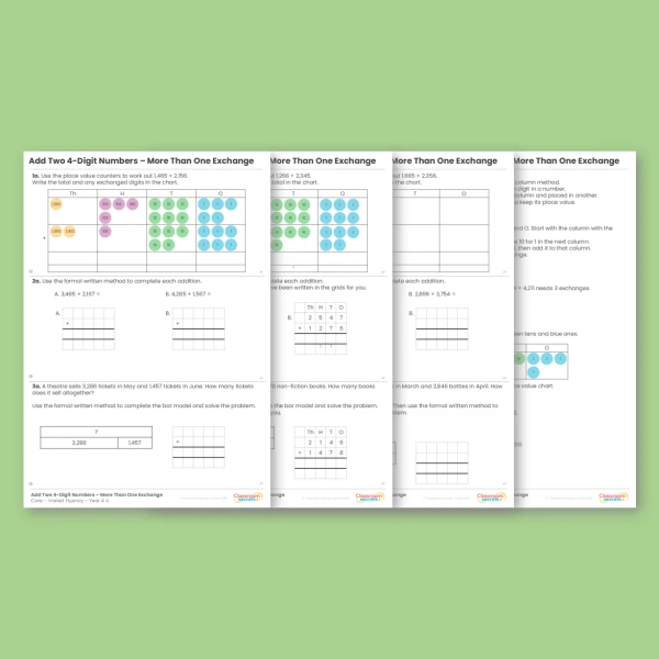 Year 4 Add Two 4-Digit Numbers - More than One Exchange Addition and Subtraction Varied Fluency