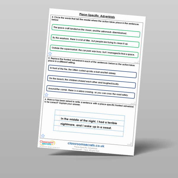 Year 4 Place Specific Adverbials Homework Resource | Classroom Secrets