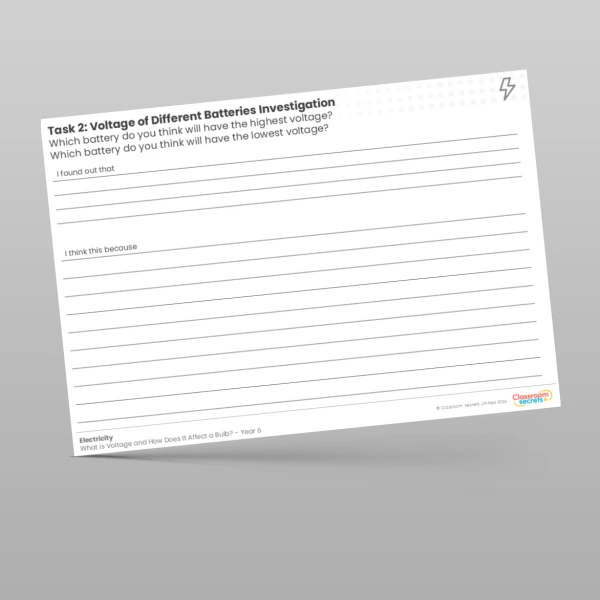 An image of the Lesson 2: Voltage of Different Batteries Investigation Worksheet Resource