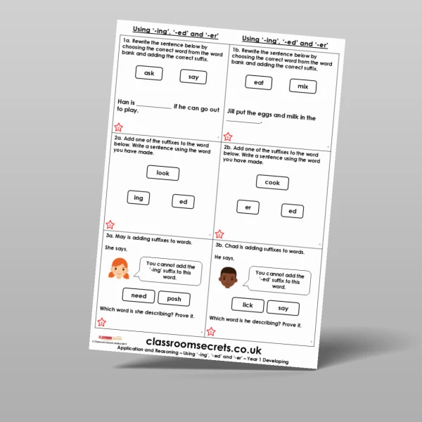 An image of the Using '-ing', '-ed' and '-er' Application and Reasoning Resource