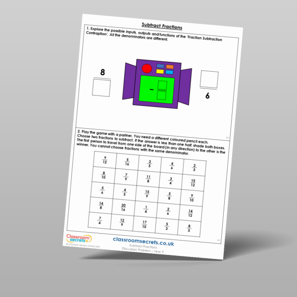 Year 5 Subtract Fractions Discussion Problem Resource | Classroom Secrets
