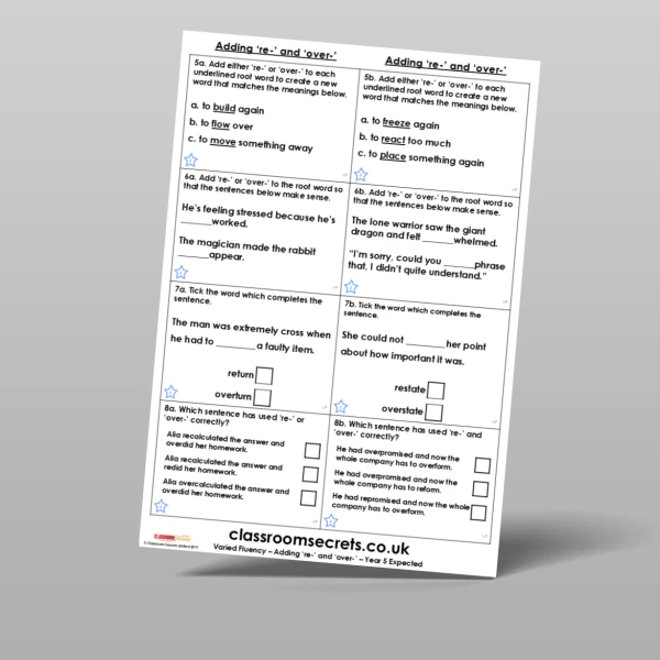 An image of the Adding 're-' and 'over-' Varied Fluency Resource