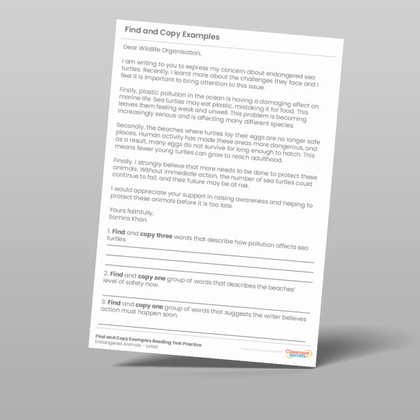 An image of the Find and Copy Examples Reading Test Practice Endangered Animals Resource