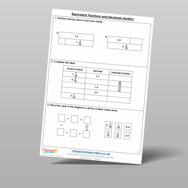 An image of the Equivalent Fractions and Decimals (tenths) Homework Resource
