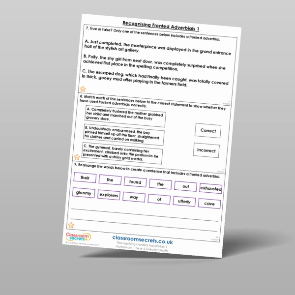 An image of the Recognising Fronted Adverbials 1 Homework Resource