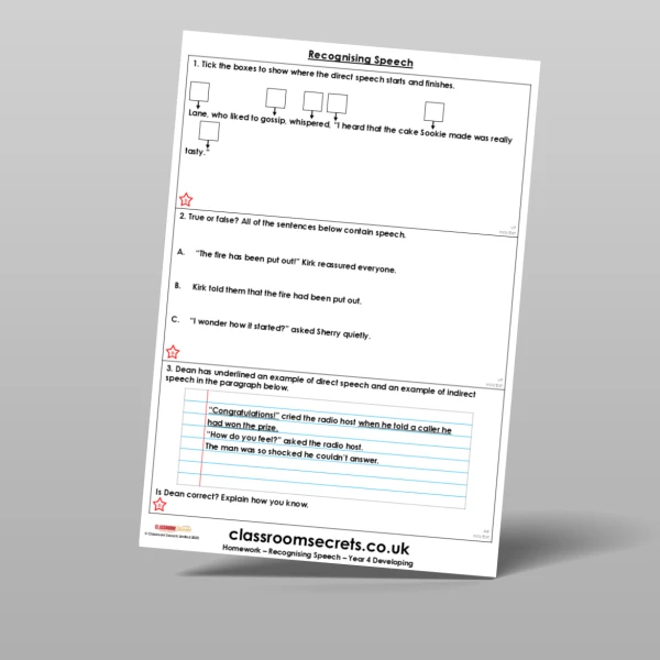 An image of the Free Recognising Speech Homework Resource