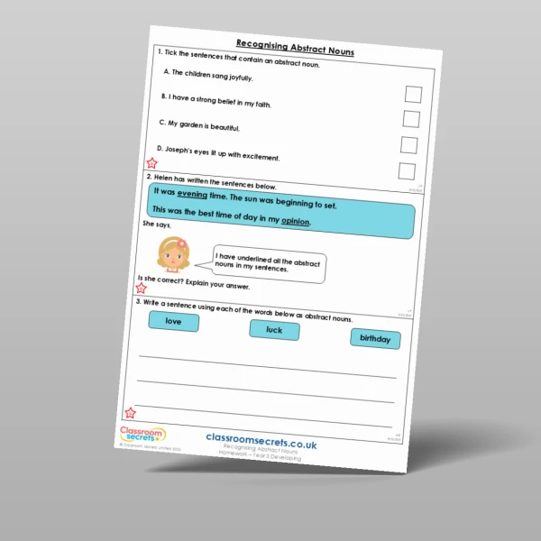 An image of the Recognising Abstract Nouns Homework Resource