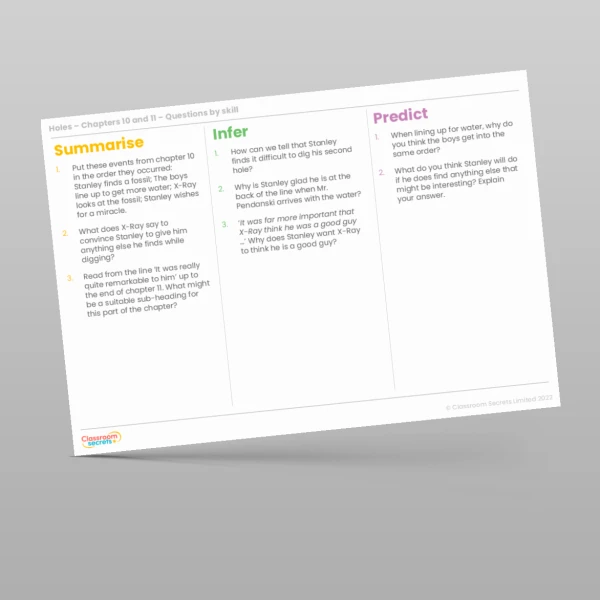 An image of the Reading Skills - Holes - Chapters 10 and 11 Resource