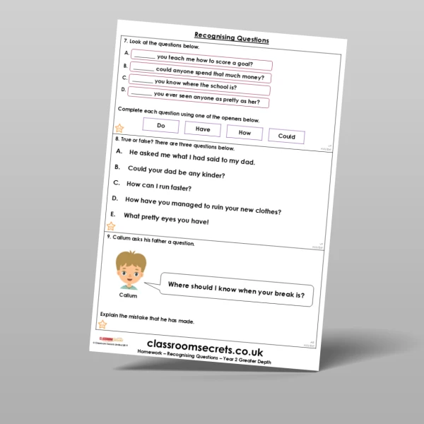 An image of the Free Recognising Questions Homework Resource