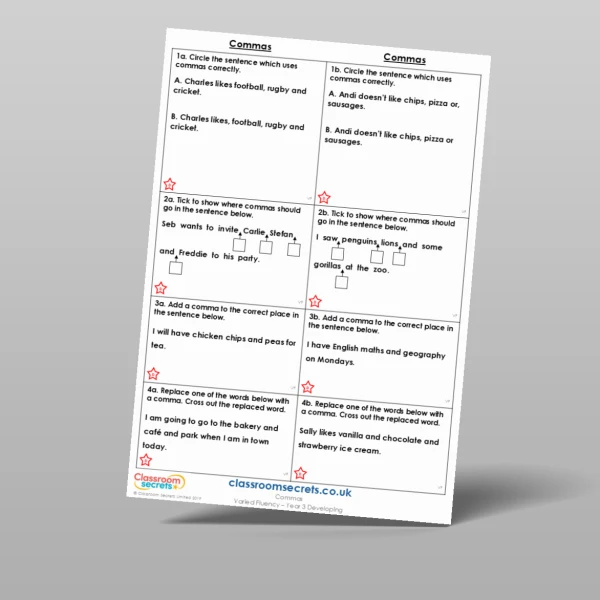 An image of the Commas Varied Fluency Resource