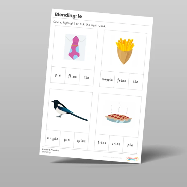 An image of the Phonics Blending Activities 'ie' Resource