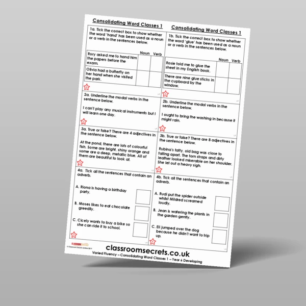 An image of the Consolidating Word Classes 1 Varied Fluency Resource