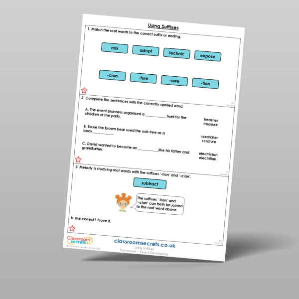An image of the Using Suffixes Homework Resource