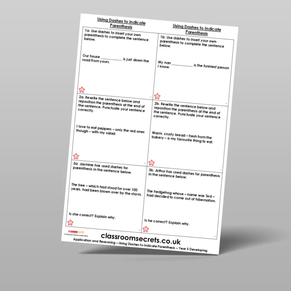 An image of the Using Dashes to Indicate Parenthesis Application and Reasoning Resource