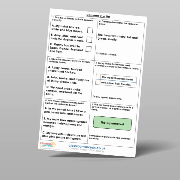 An image of the Commas in a List Prior Learning Resource