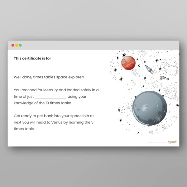 An image of the Challenge 2 Mercury 10 Times Table Resource