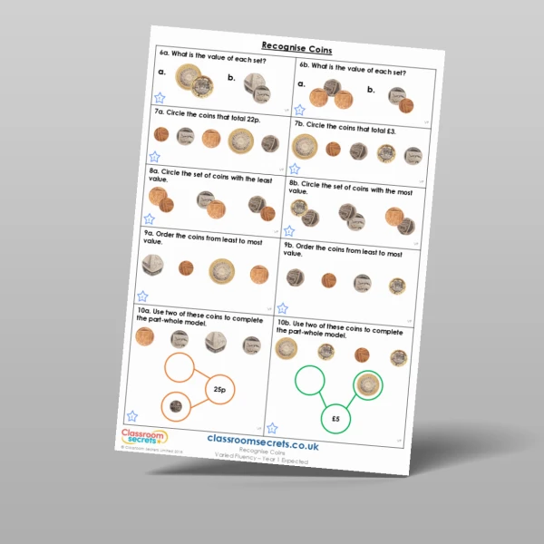 An image of the Recognise Coins Varied Fluency Resource