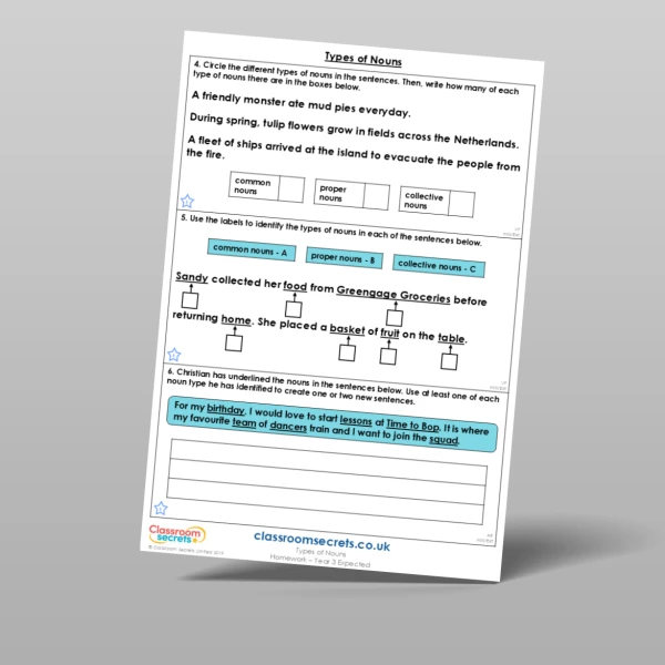 An image of the Types of Nouns Homework Resource