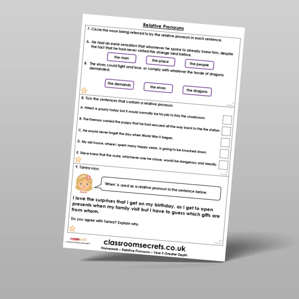 An image of the Free Relative Pronouns Homework Resource