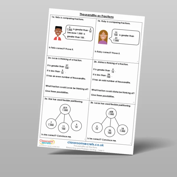 An image of the Thousandths as Fractions Reasoning and Problem Solving Resource