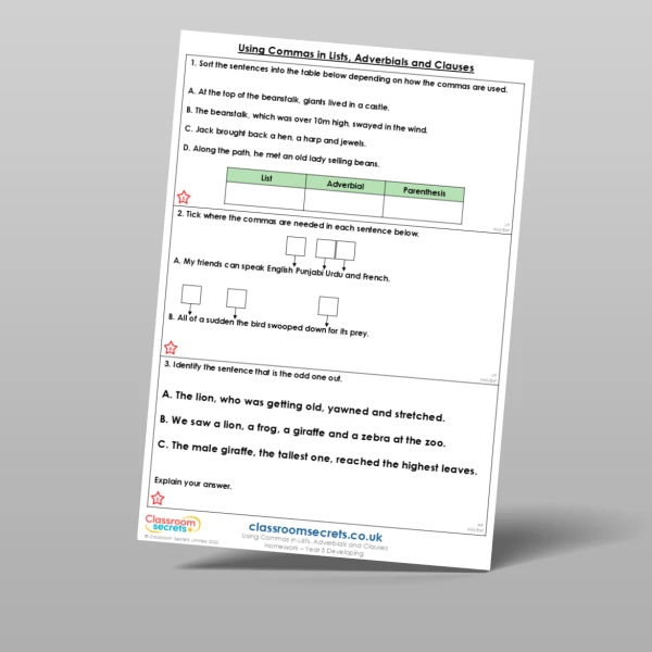 An image of the Free Using Commas in Lists, Adverbials and Clauses Homework Resource