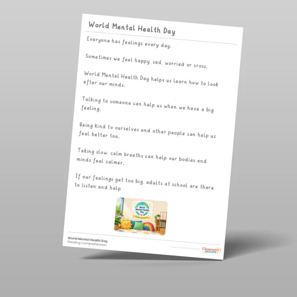 An image of the World Mental Health Day Reading Comprehension Resource