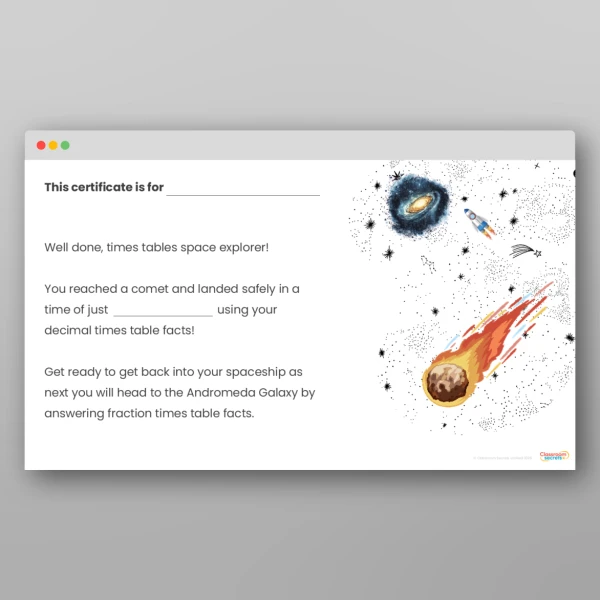 An image of the Challenge 13 Comets Decimals Times Tables Resource