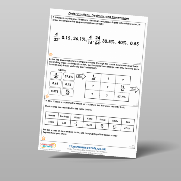 Year 6 Order Fractions Decimals And Percentages Homework Resource ...