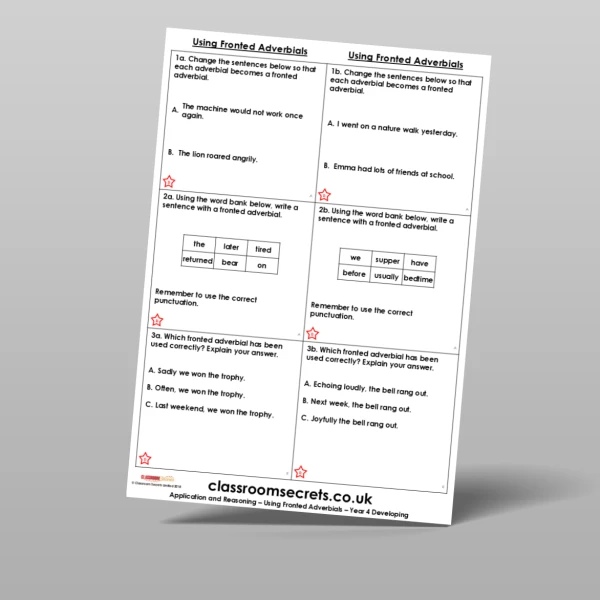 An image of the Using Fronted Adverbials Application and Reasoning Resource