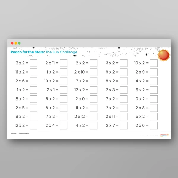An image of the Challenge 1 The Sun 2 Times Tables Resource