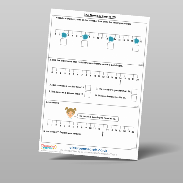 Year 1 The Number Line To 20 Homework Resource | Classroom Secrets