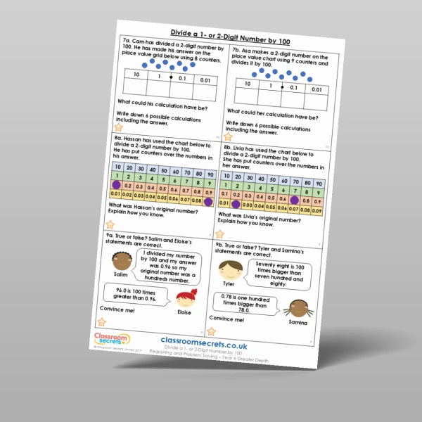 An image of the Divide a 1- or 2-Digit Number by 100 Reasoning and Problem Solving Resource
