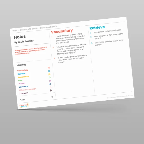 An image of the Reading Skills - Holes - Chapters 10 and 11 Resource