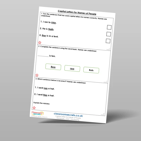 An image of the Capital Letters for Names of People Homework Resource