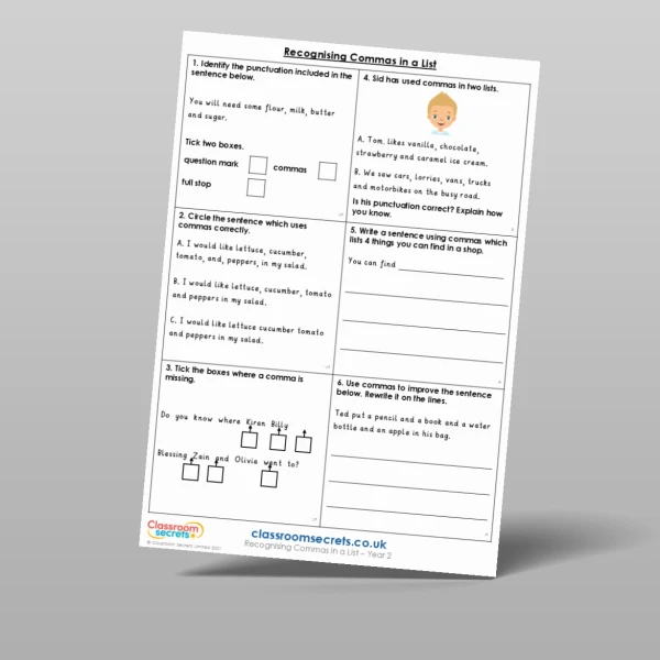 An image of the Recognising Commas in a List Mixed Activity Resource