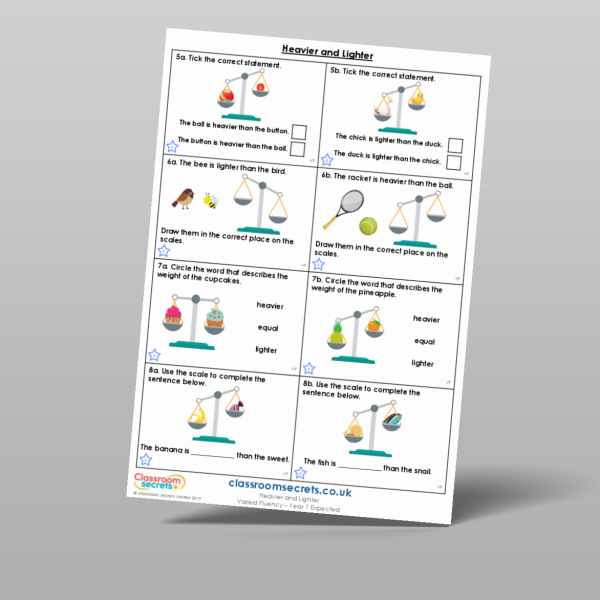 Year 1 Heavier And Lighter Varied Fluency Resource | Classroom Secrets