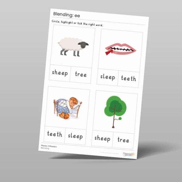 An image of the Phonics Blending Activities: ee Resource