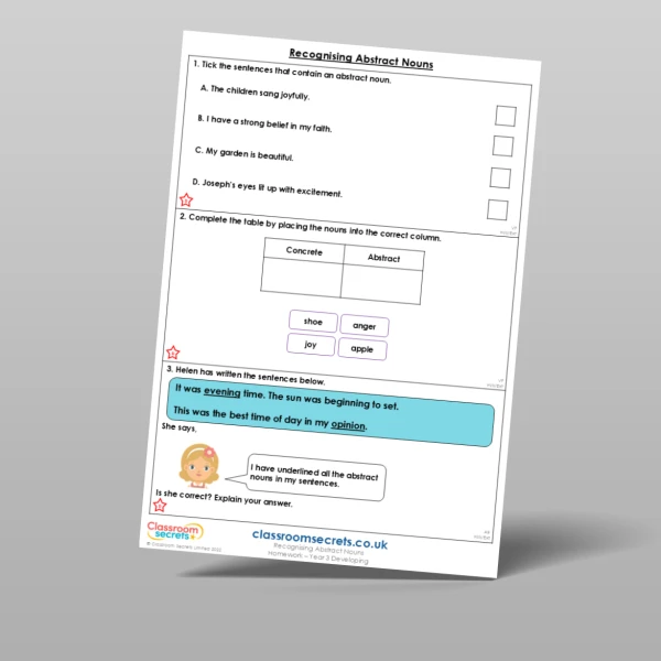 An image of the Recognising Abstract Nouns Homework Resource