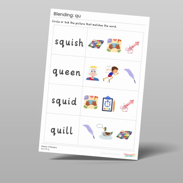 An image of the Phonics Blending Activities: qu Resource